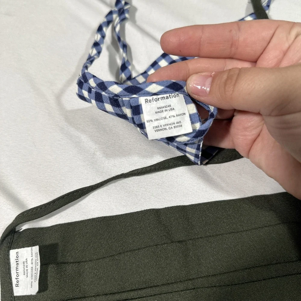 NEW Reformation Face Mask [ 2 Piece ] Blue Gingham Print +‎ Olive Green #T2153